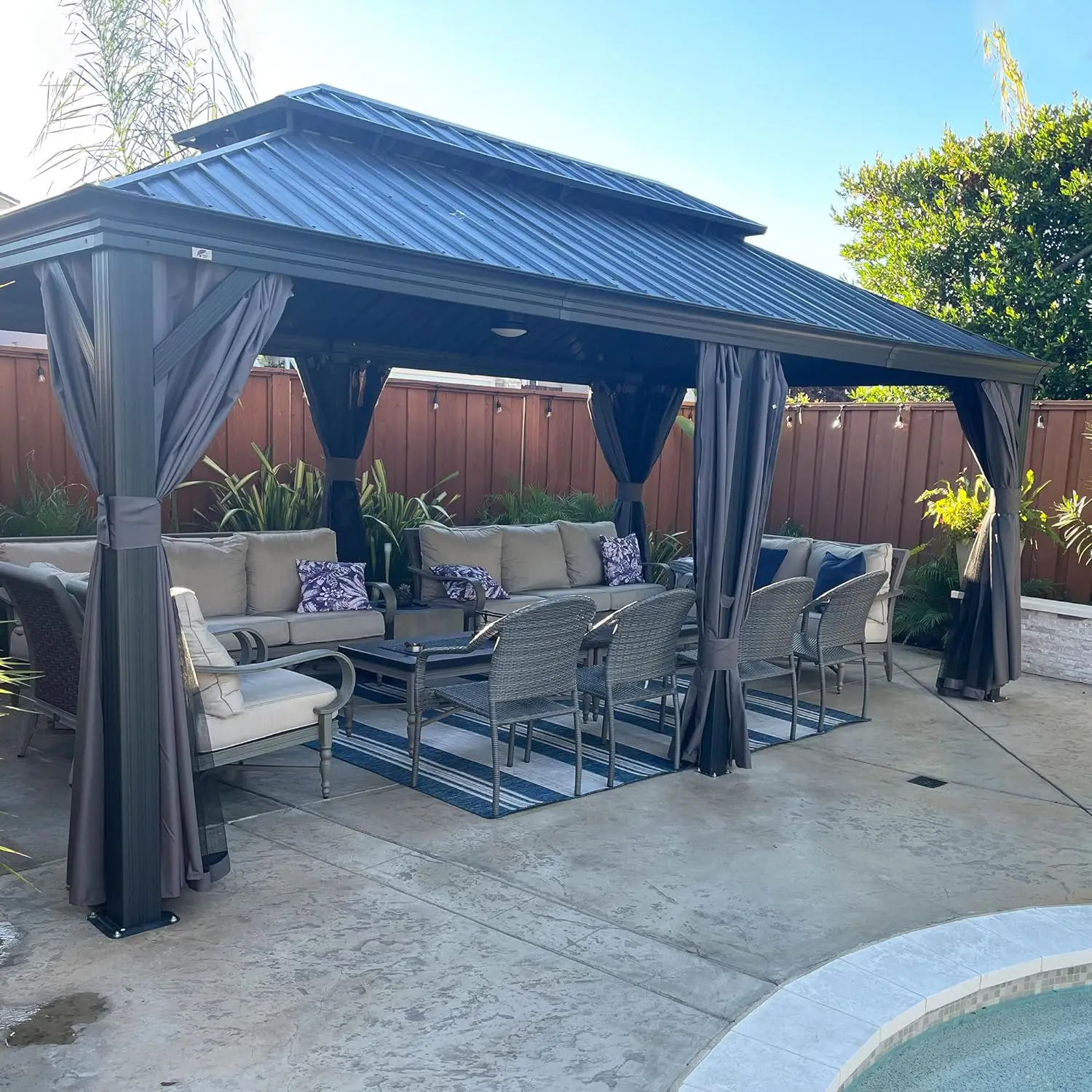 12' x 24' Large Pavilion with Galvanized Steel Double Roof Outdoor Terrace Gazebo, Grey