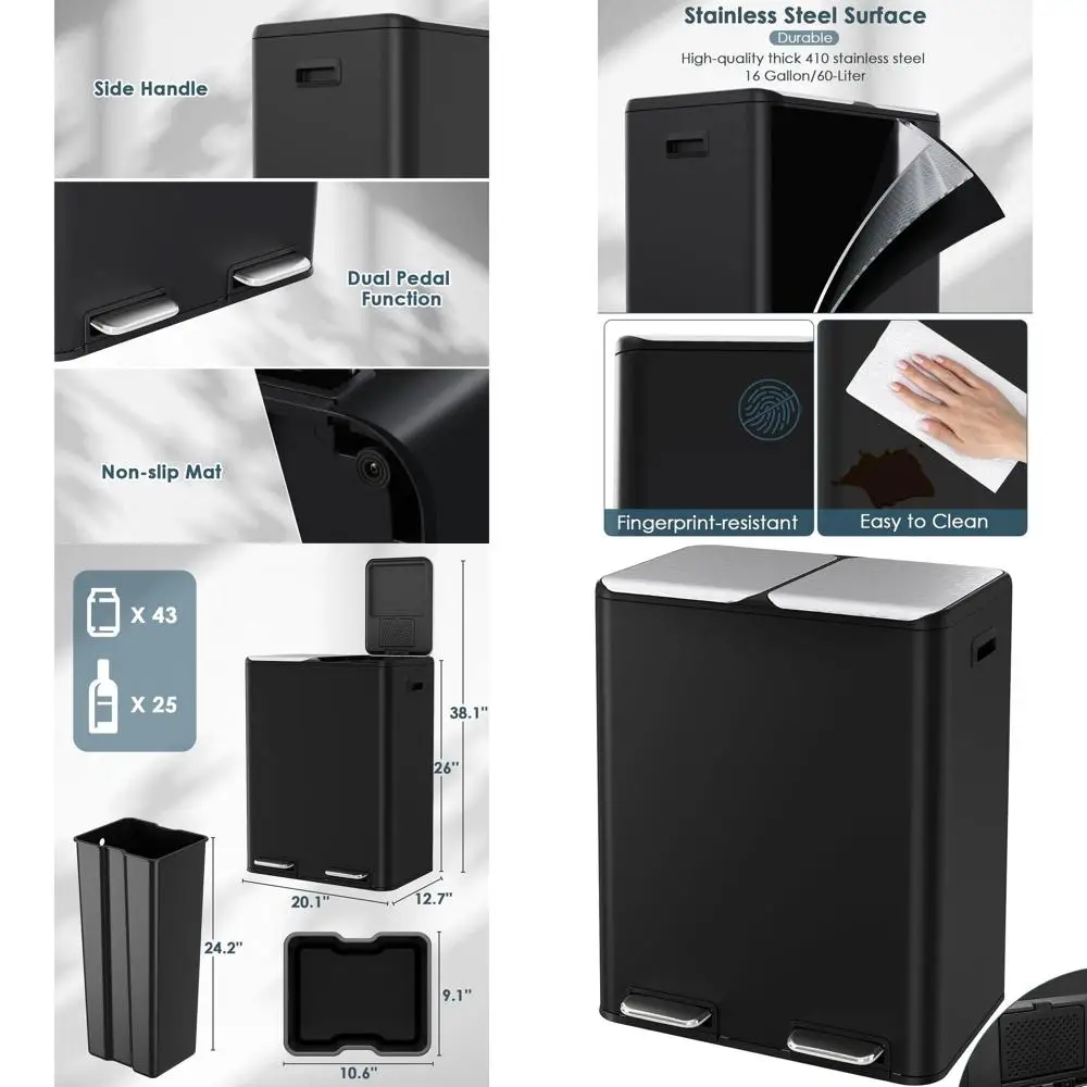 

Мусорный бак с двумя отделениями без помощи рук, с контролем запаха, крышкой с мягким закрыванием и герметичным дизайном для домашнего использования на кухне (черный)