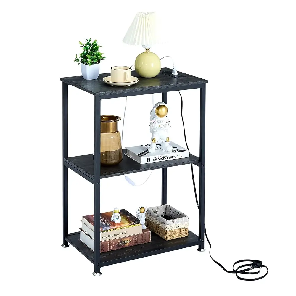 

Tall End Table With Charging Station, Side Table With Usb Ports And Outlets, 30"" Height Nightstand With 3-Tier Storage Shelf