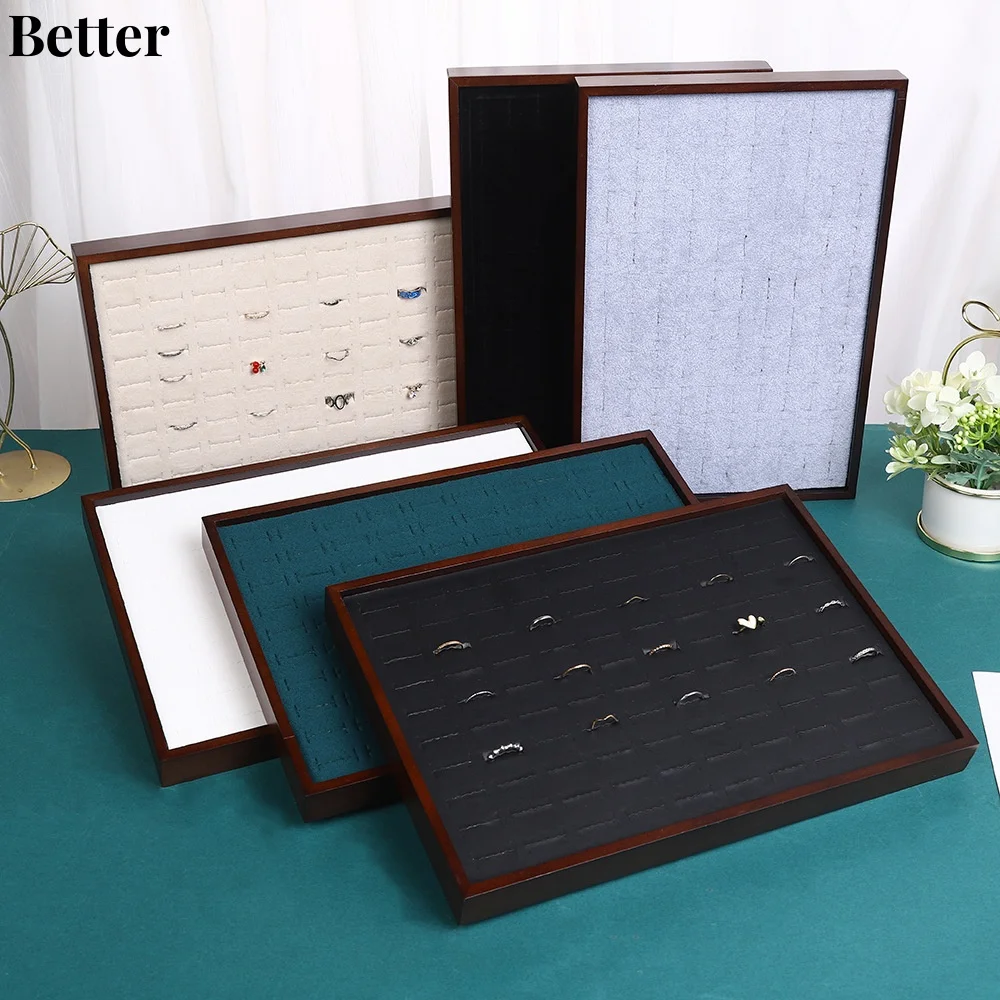 Walnut Velvet 50 Slot Ring Display Tray High Capacity Earrings Rings Jewelry Storage Holder Window Showing Props