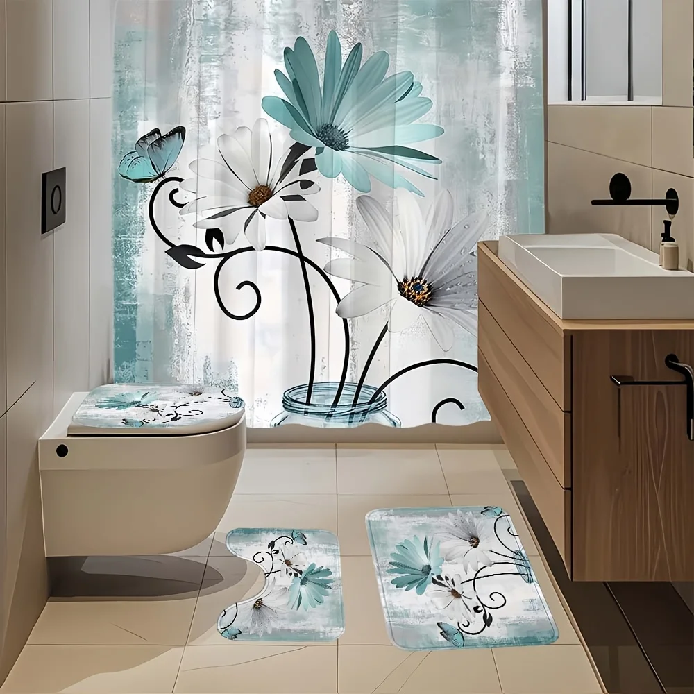 

4-piece set of beautiful flower pattern shower curtain, shower curtain, non-slip floor mat, toilet U-shaped mat, toilet lid mat