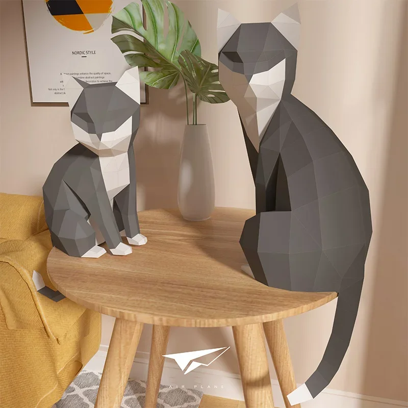 1 Pair Lovers Cat Animal Decor Home Origami Pink Low Poly Paper Model,3D Papercraft Art,Handmade DIY Teens Adult Craft RTY201