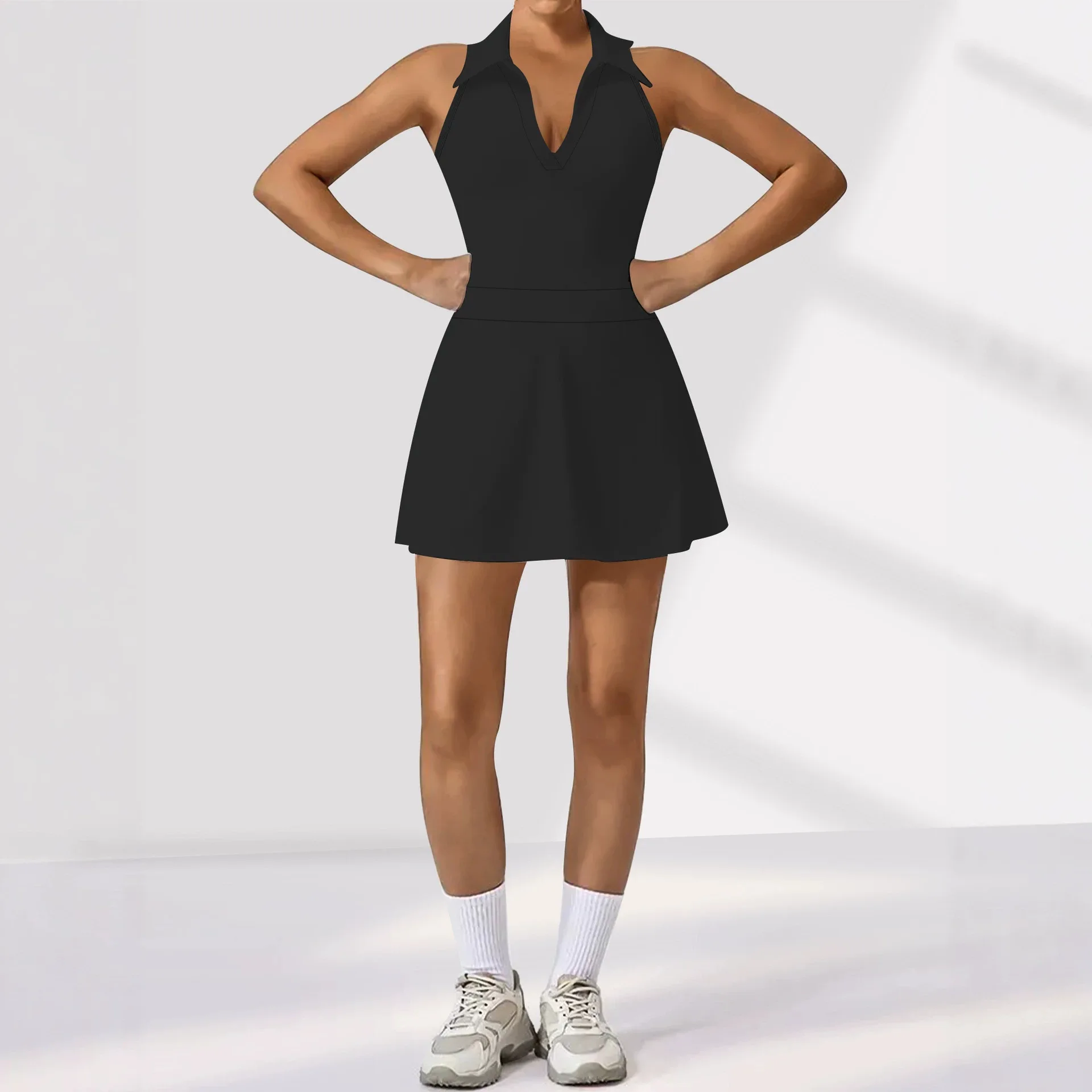 Women Polo Collar Sleeveless Tennis Dress With Shorts Pockets Athletic Workout Golf Dress Built-in Safety Shorts