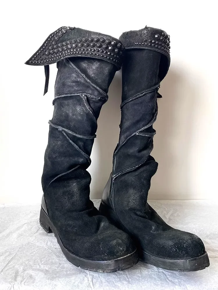 

Punk Retro Rivet Western Cowboy Boots Rear Zipper Rhinestone High Botines Denim Material Knight Botas Femininas Chaussure Femme