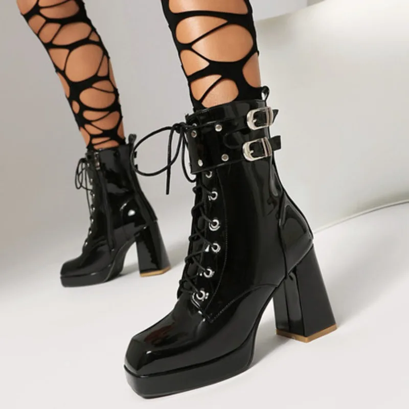 2026年新作-パンク-ゴス-アンクルブーツ-レディース-バイクブーツ-チャンキーヒール-カジュアル-レースアップ-ラウンドトゥ-プラットフォームシューズ-女性用-ブーツ