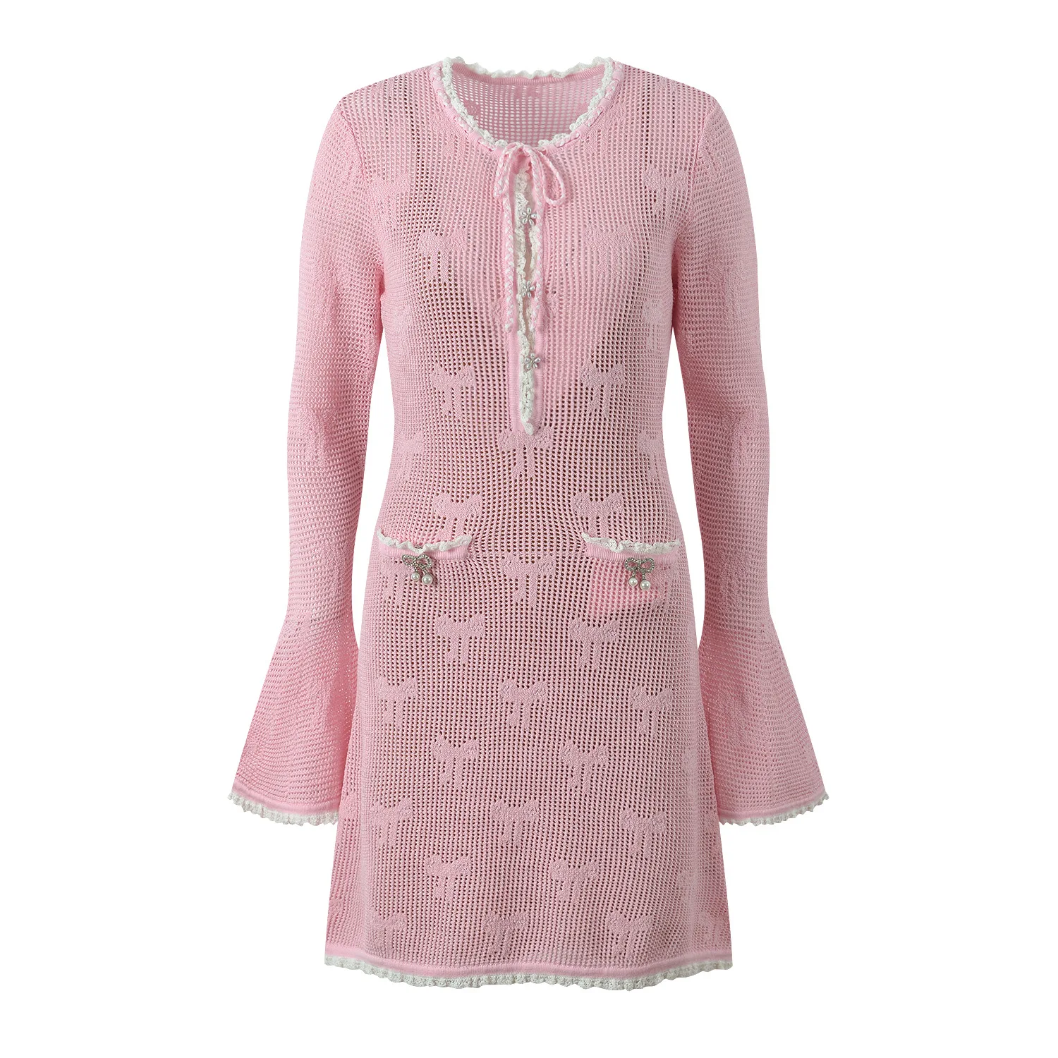 

Sweet Youthful Pink Knitted Dr Spring Summer New Sle High Waist Bell Sve Knot Embroidery A-Line Dr