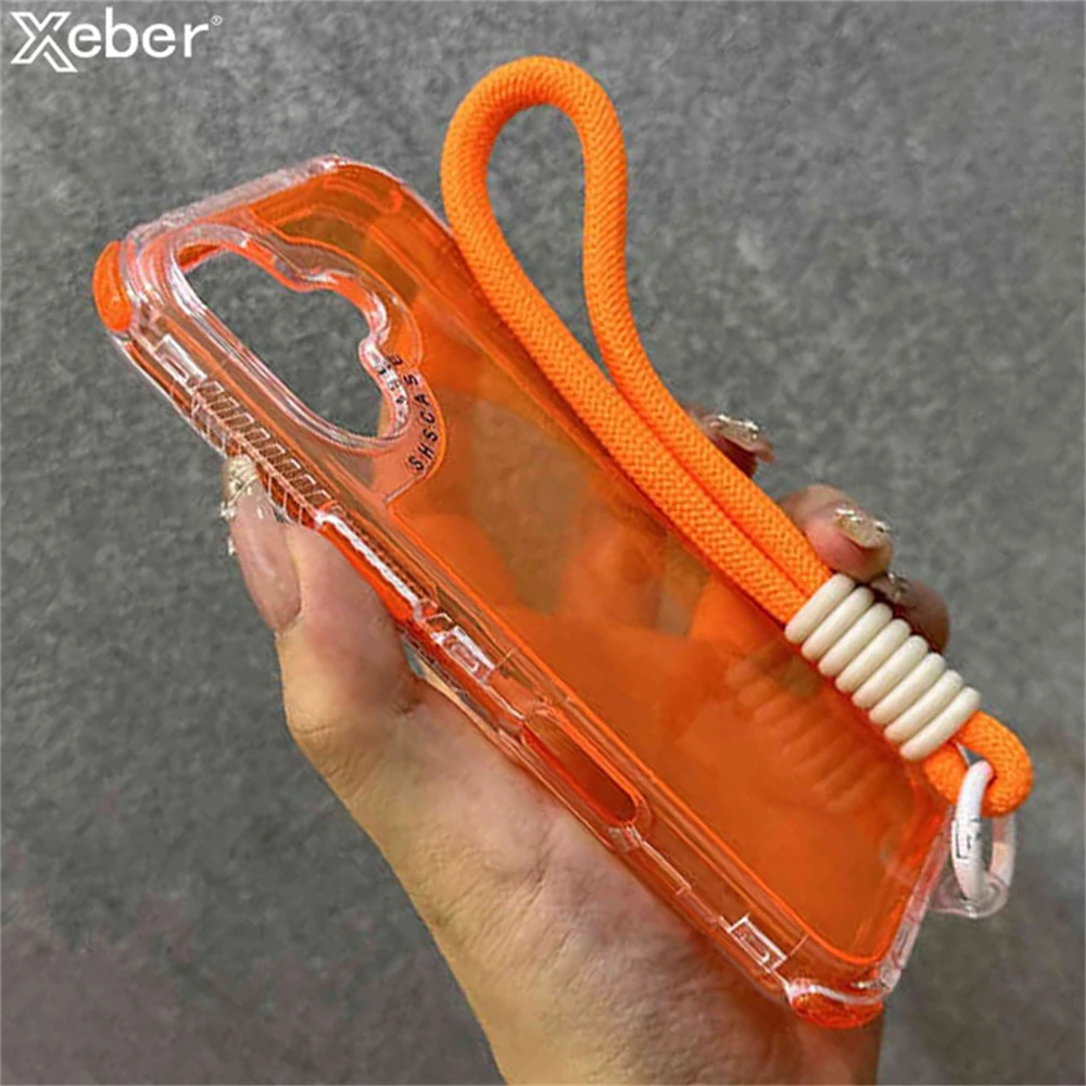 

Shockproof Transparent Wristband Strap Lanyard Phone Case For iPhone 15 11 12 13 14 16 Pro Max Plus XS XR X Colorful Frame Cover