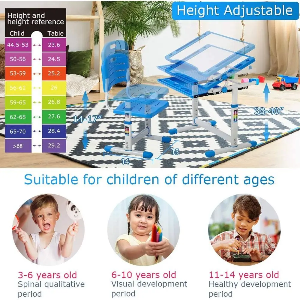 Adjustable Height Kids Study Desk with Storage and Tilted Art Table, Blue