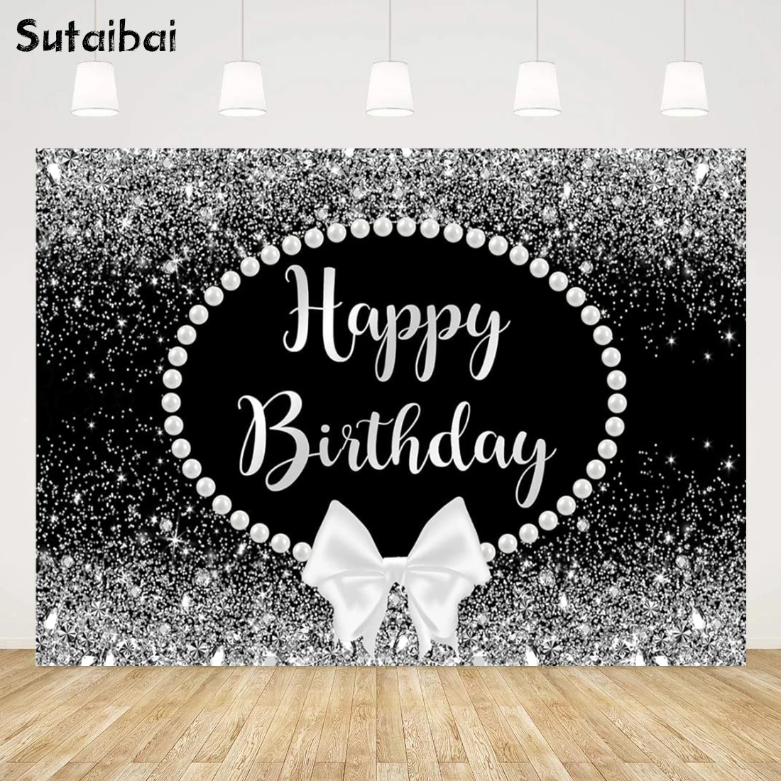 Silver Black Happy Birthday Backdrop Diamond Pearl Bow Glitter Bokeh Photography Backdrop for Adult Kids Bday Birthday Party