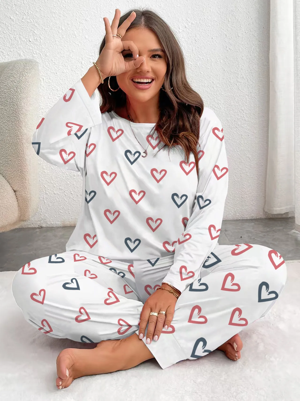 

Autumn Winter Pink Heart Print Plus-Size Sleepwear Women Pajama Set Long Sleeve Tops and Trousers 3XL 4XL 5XL Loungewear