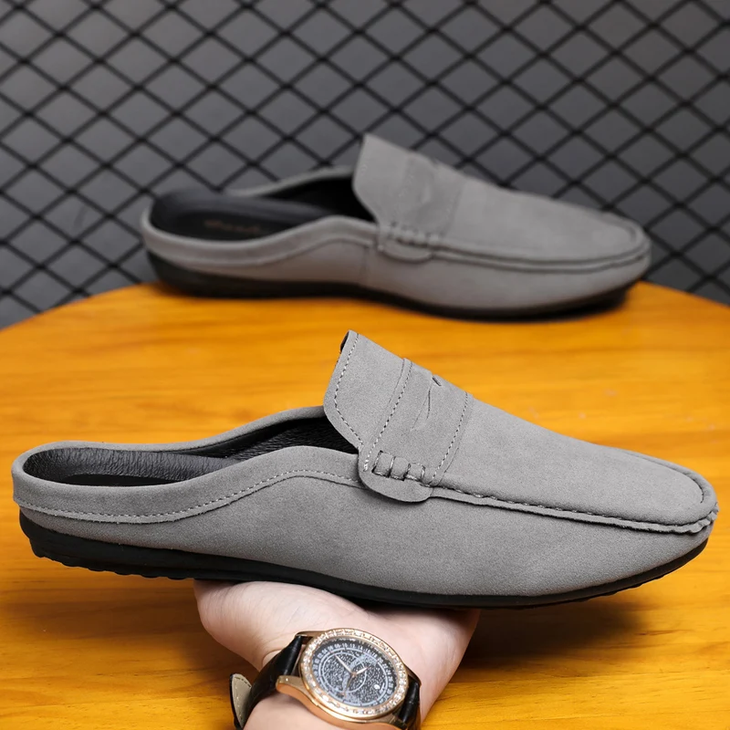 Summer Suede Leather Slippers Men Half Shoes Comfortable Slip-on Men's Casual Shoes Lightweight Flat Loafers Man Daily Slippers
