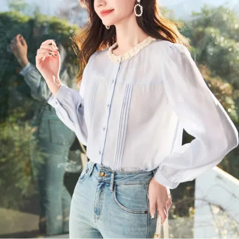 Round Neck Pullover Lace Patchwork Shirring Button Solid Color Chiffon Lantern Long Sleeve Elegant T-shirt Women\'s Clothing Tops