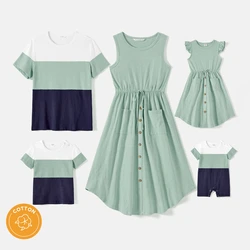 PatPat Family Matching Outfits Solid Cotton Button Front Drawstring Tank Dresses and Short-sleeve Colorblock T-shirts Sets