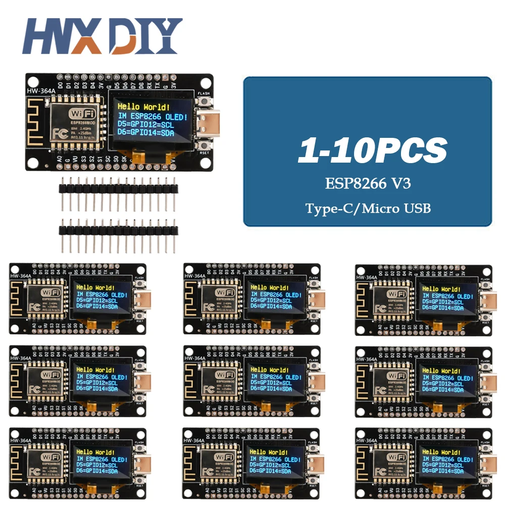 1-10PCS NodeMCU ESP8266 V3 Development Board with 0.96 Inch OLED Display CH340 ESP-12F WiFi Module TYPE-C For Arduino/Micropytho