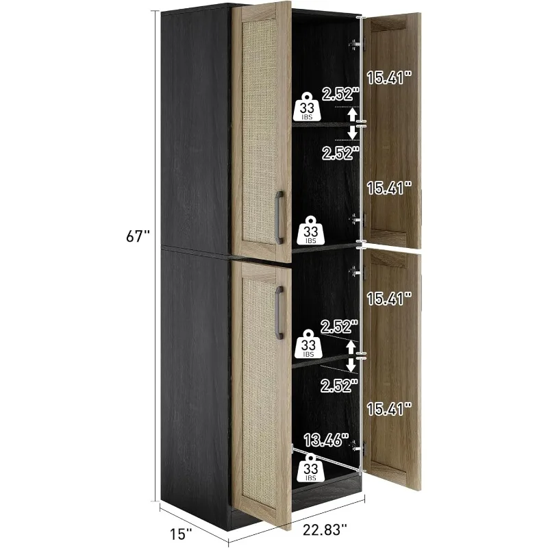 Spiżarnia kuchenna szafka, wysoka łazienka szafka do przechowywania wolnostojąca z 4 rattanowymi drzwiami i regulowanymi półkami, szafka kuchenna