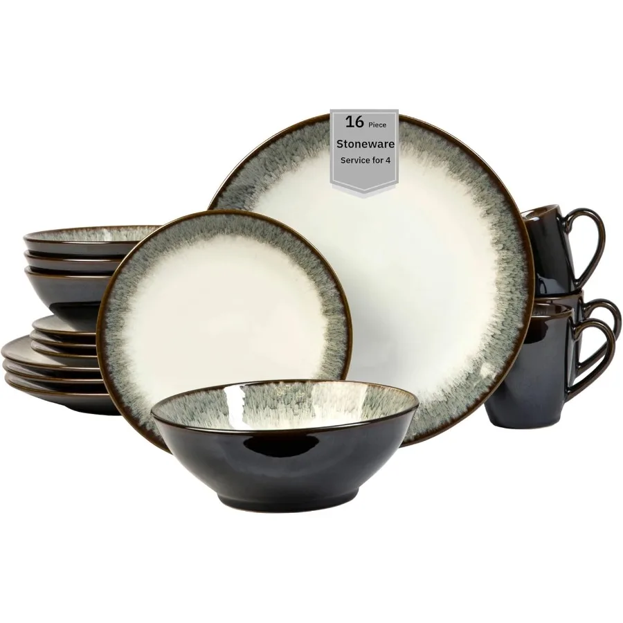 

Novelle 16Piece Casual Moss Porcelain Dinnerware Set Service for 4 Plates Bowls and Mugs Brown and Green Reactive Glaze Microwa