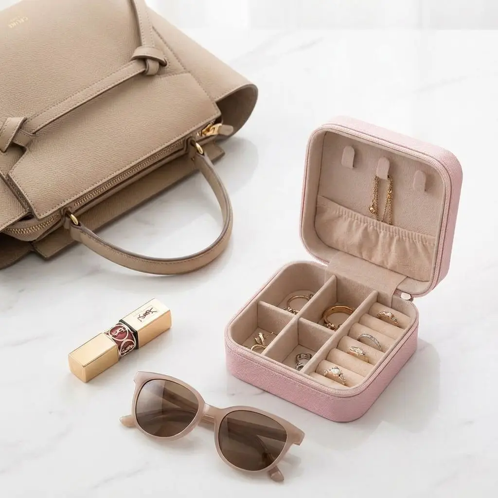 Leather Mini Square Jewelry Box Portable Necklace Organizer Travel Storage Case Small Lightweight Dustproof for Women Daily Carr