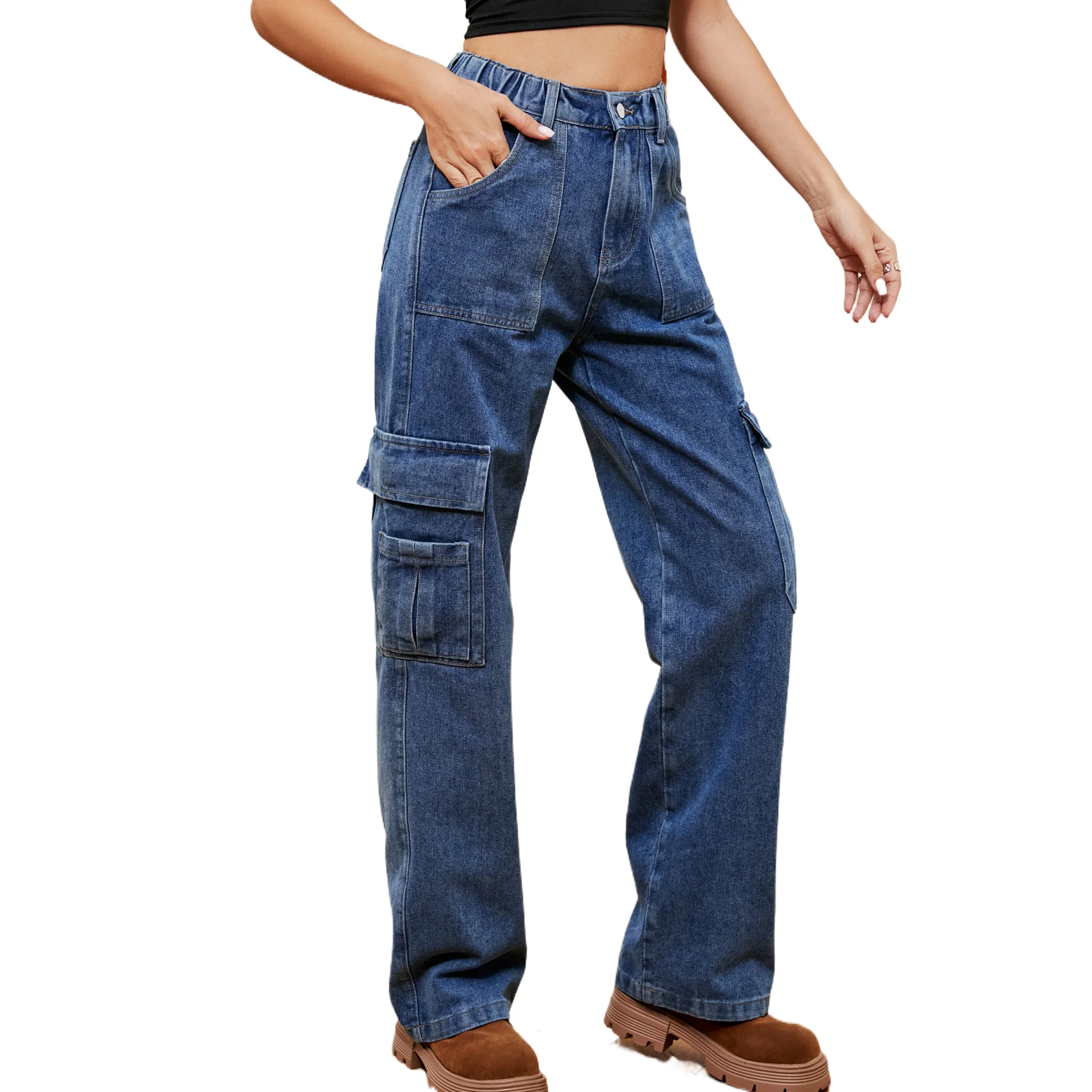 

American-style Personalized Stretch Waist Jeans. Ladies' Four-season Fashion Patchwork Pocket Design Straight-leg Cargo Jeans.