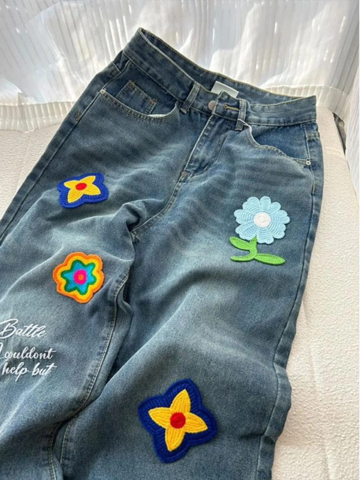 

Retro American Washed Embroidered Low Waist Denim Jeans Women's Autumn Winter Lazy Style Floral Long Pants Cotton Stretch