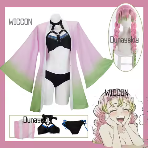 Mitsuri Kanroji SPF Swimwear Cosplay Set Protection Bikini Wig) Summer Beach Halloween Anime Convention Outfit