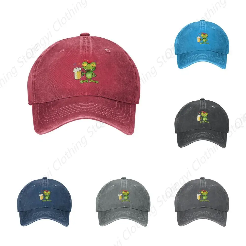 

Funny Frog Beer Red Vintage Distressed Adjustable Washed Denim Cotton Trucker Hat Black Fitted Baseball Ball Cap