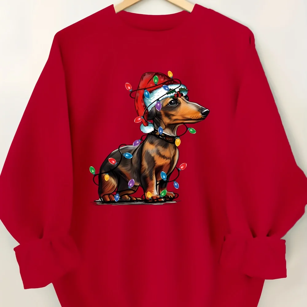 Christmas Style Light String Sausage Dog Pattern Printed Women\'s Hoodie Casual O-neck Pullover Comfortable All Season Top