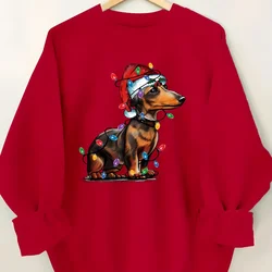 Christmas Style Light String Sausage Dog Pattern Printed Women's Hoodie Casual O-neck Pullover Comfortable All Season Top