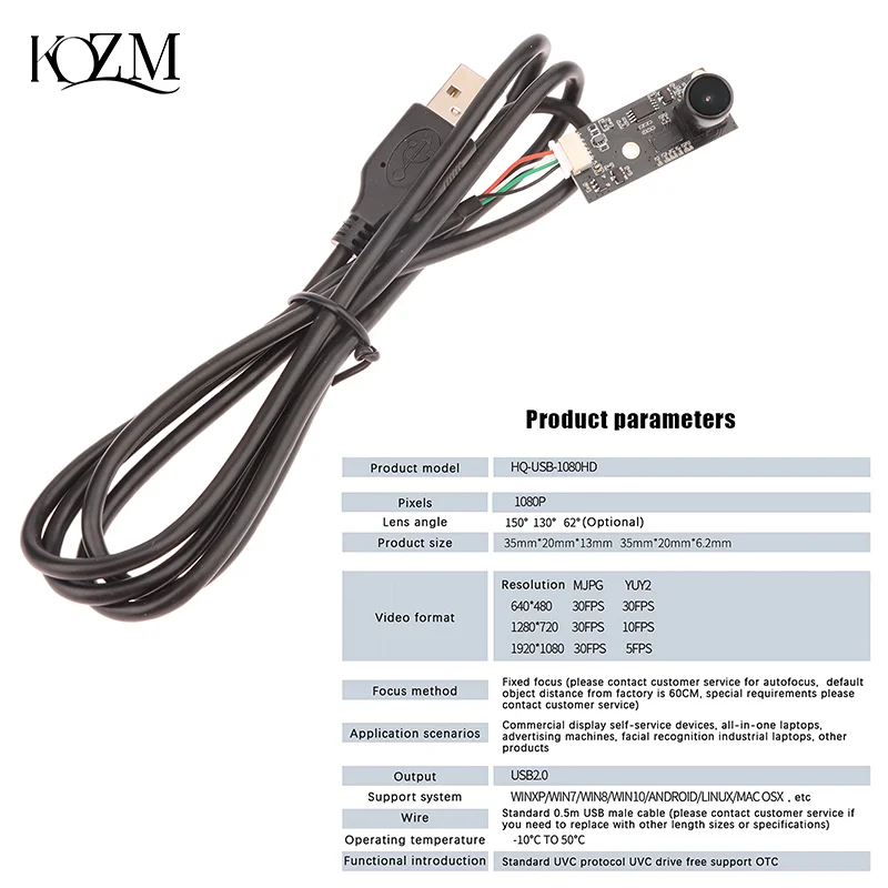 Moduł kamery USB 1080PHD do drukarki 3D Stała ostrość 130/150 stopni Wolny napęd USB2.0 UVC OTG dla systemu Linux — zdjęcie produktu 4