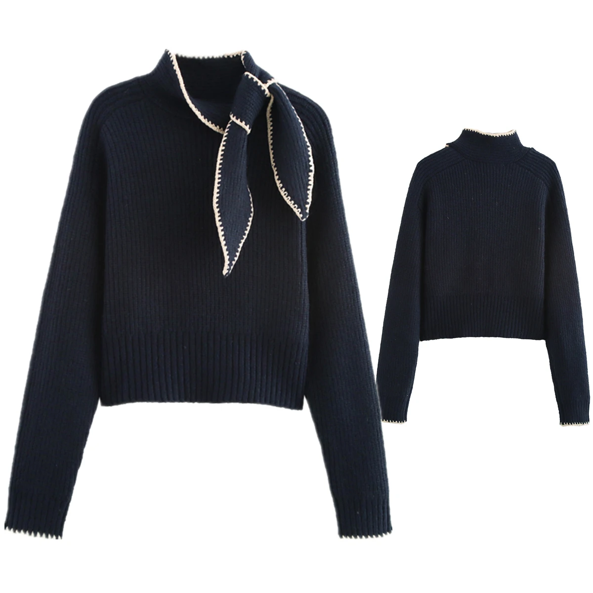 

Dave&Di Minimalist And Fashionable Women's Sweater With Contrasting Color Edges And Bow Tie Sweaters Women Pullover Top