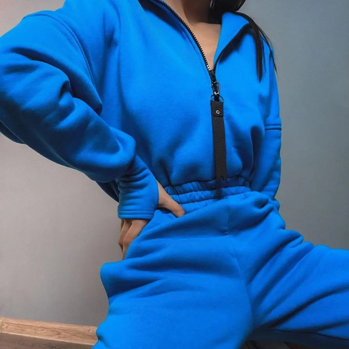 

Casual Hooded Jumpsuit Women's Sportswear Set Comfortable All-Match Zipper Design Mid-Low Waist PVC Material Jumpsuit