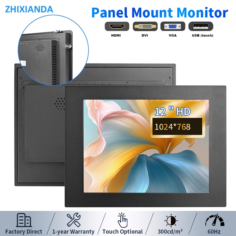 Zhixianda 12 Inch 4:3 1024*768 Panel Mount Industrial Resistive Capacitive Touch Screen Embedded Monitor With VGA DVI HDMI Port