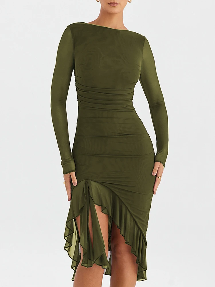 New Elegant Ruffle Ruched Midi Dress for Women Robe Sheer Long Sleeve Backless Irregular Club Party Sexy Dress Vestido