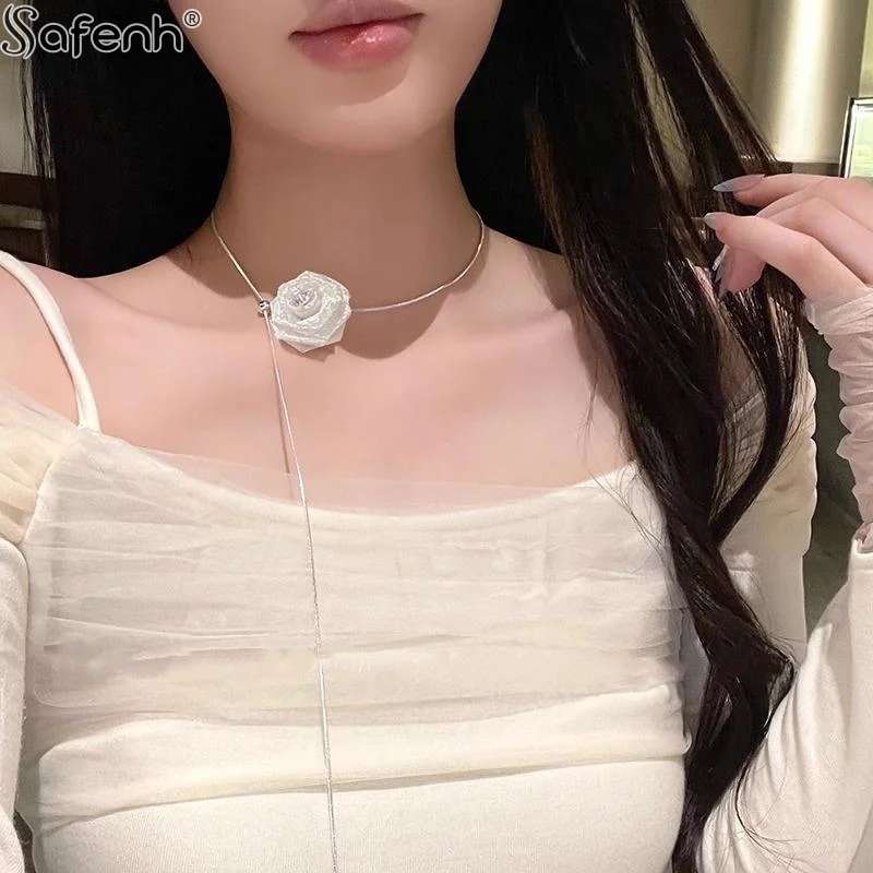 جديد قابل للتعديل شبكة روز زهرة قلادة قلادة قابل للتعديل سلسلة موضة رومانسية الرجعية سلسلة الترقوة للنساء مجوهرات هدية