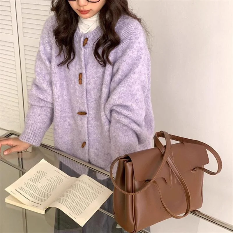 

Lazy style vintage ox horn buckleKnit Cardigan Women Soft Loose Cozy Sweater Coat Autumn Winter New Casual Outerwear