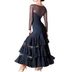 Ballroom dance perspective long dress modern dance lotus long sleeve multi layers tower dress W17001 sweet collar