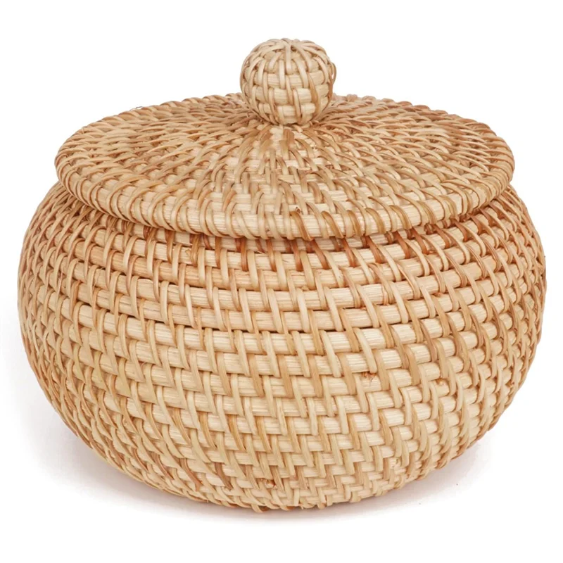 

Rattan Round Basket with Lid, Rattan Storage Basket with Lid, Bread Food Basket Fruit Snacks Basket for Table Shelf