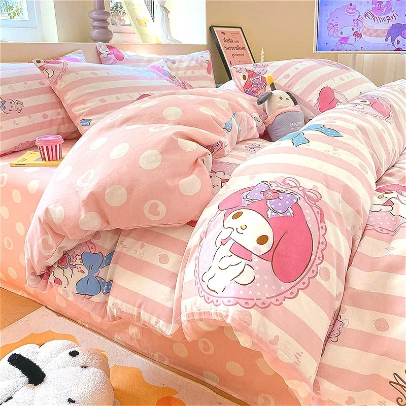 Sanrio Kawaii Quilt Four Piece Set Cartoon Character HelloKittys Cotton Quilt Set Anime Cute Melody Home Exquisite Knitted Quilt