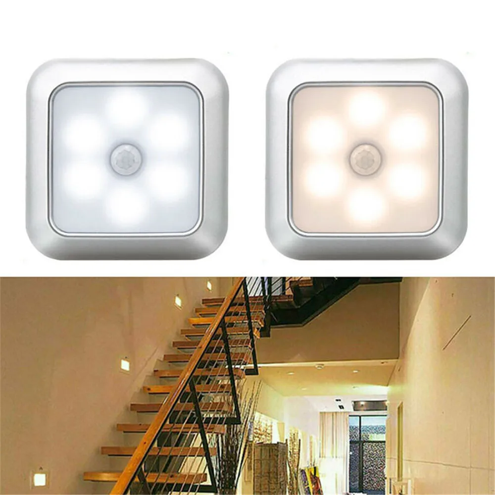 6 LED PIR Motion Sensor Light Battery Night Lights For Closet Wardrobe Stair Hallway Cabinet Night Lamp For Home Bedroom