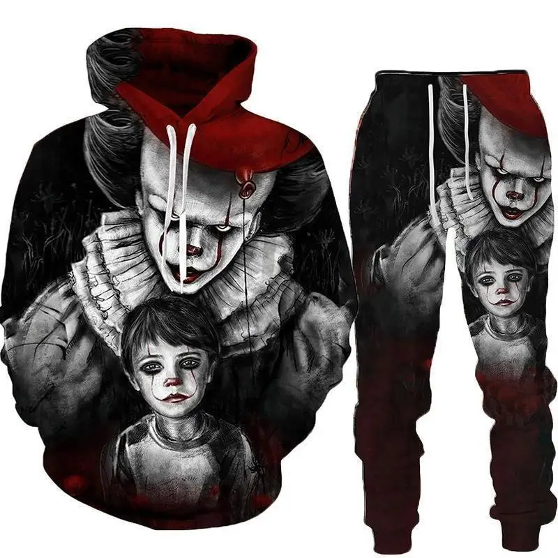 

loween Clowns 3D Marked Wrestling Suit Men's Casual Sportswear Long Sve Jaet And Pants Autumn Faion No Brand