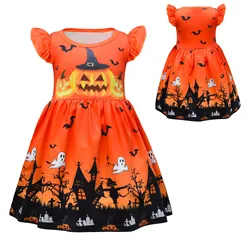 Halloween Dress Girls Pumpkin Costume Children Girls Carnival Skull Dress Up Kids Flutter Sleeve Halloween Colorful Clothing