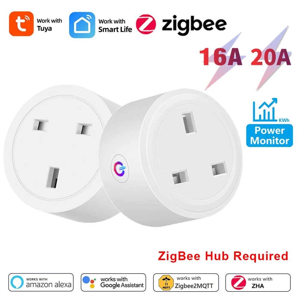 Tuya Zigbee Smart Socket UK Plug Adapter 20A 16A Outlet Power Monitor Work with Zigbee Hub Support Zigbee2MQTT Google Home Alexa