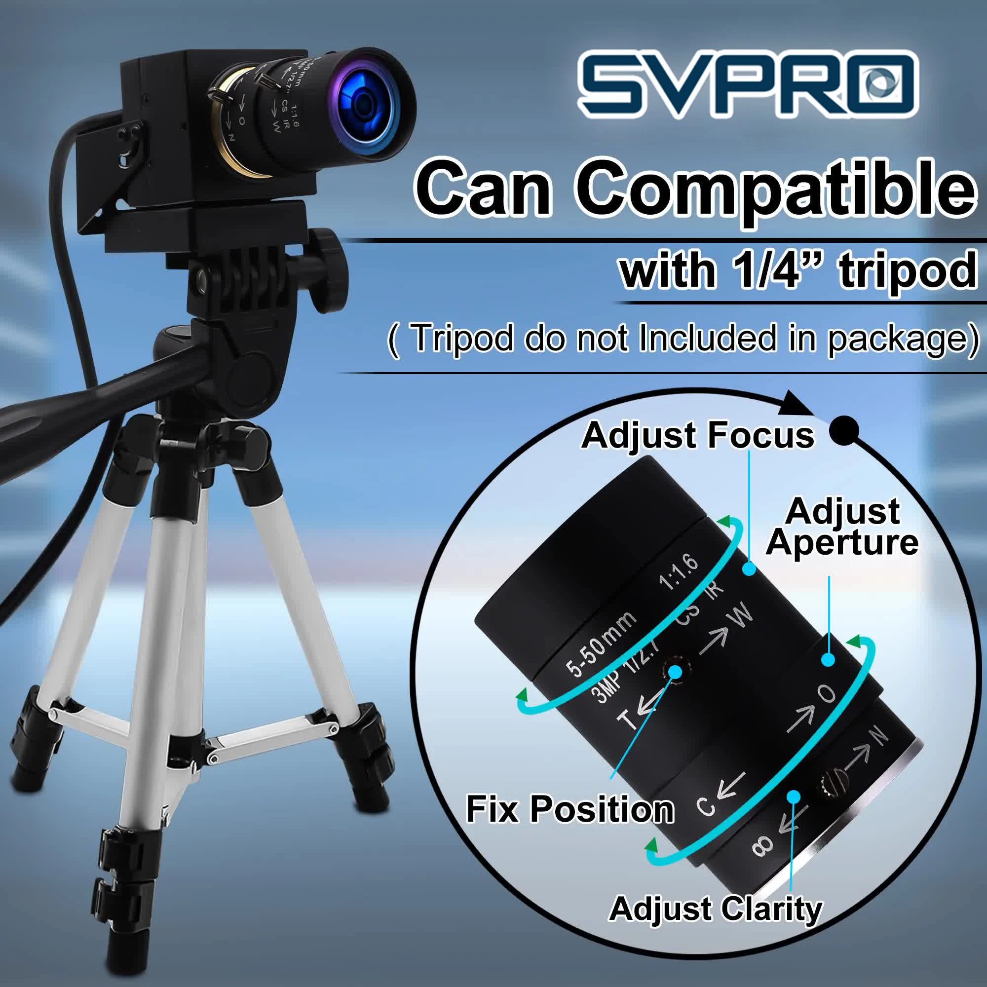 SVPRO Global Shutter USB Camera Varifocal Lens 210fps 720P Monochrome with Manual Zoom CMOS High Speed Industrial USB PC Camera