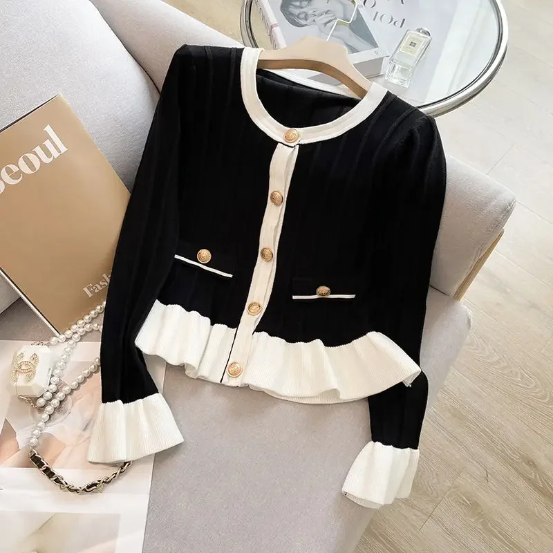 Sweet flared sleeve knitted cardigan women's spring clothing 2024 new style ruffled hem long sleeved sweater jacket