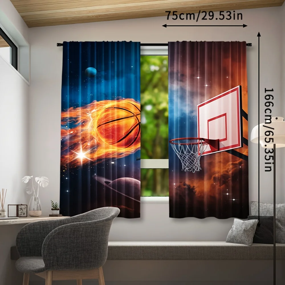 Basketball Space Galaxy Print Curtain, Sports Hoop Planet Pattern Drape for Boys Bedroom Kids Room Window Treatment Decor