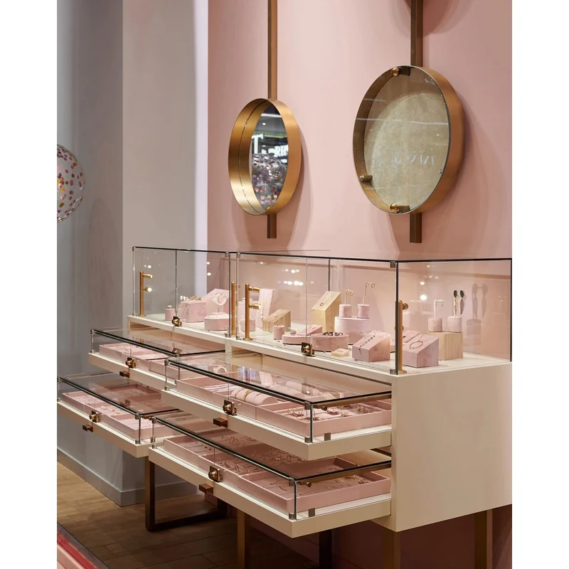 custom.Minimalist Light Wood Jewelry Display Cabinet Glass Top Showcase Boutique Retail Counter with Storage & Brass Hardware