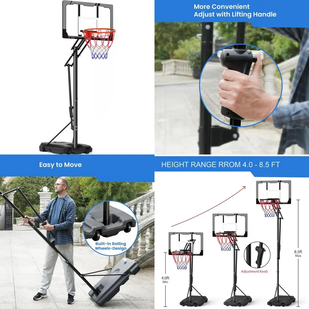 Adjustable Portable Basketball Hoop for Kids and Teens - 33 Shatterproof Backboard, Easy Height Adjustment 4 to 8.5 Feet, Youth