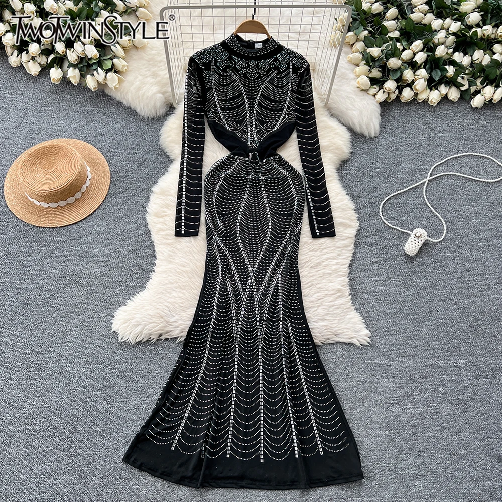 

TWOTWINSTYLE Patchwork Diamonds Dress For Women Stand Collar Long Sleeve High Waist Temperament Mermaid Dresses Female KDR517597