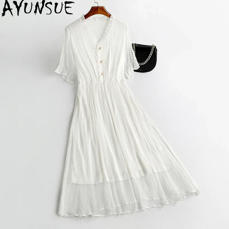 AYUNSUE-Robes longues Mulberry Injfur ses pour femmes, Robes élégantes simples, Robe blanche dégradée, Col en V, Vêtements pour femmes, Été, 100%, 2024