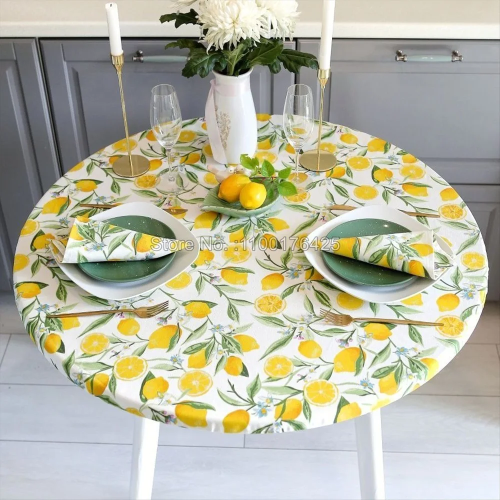 Flower Round Tablecloth with Elastic Edge Lemon Print Waterproof Table Cover for Kitchen Dining Table Decoration Accessories