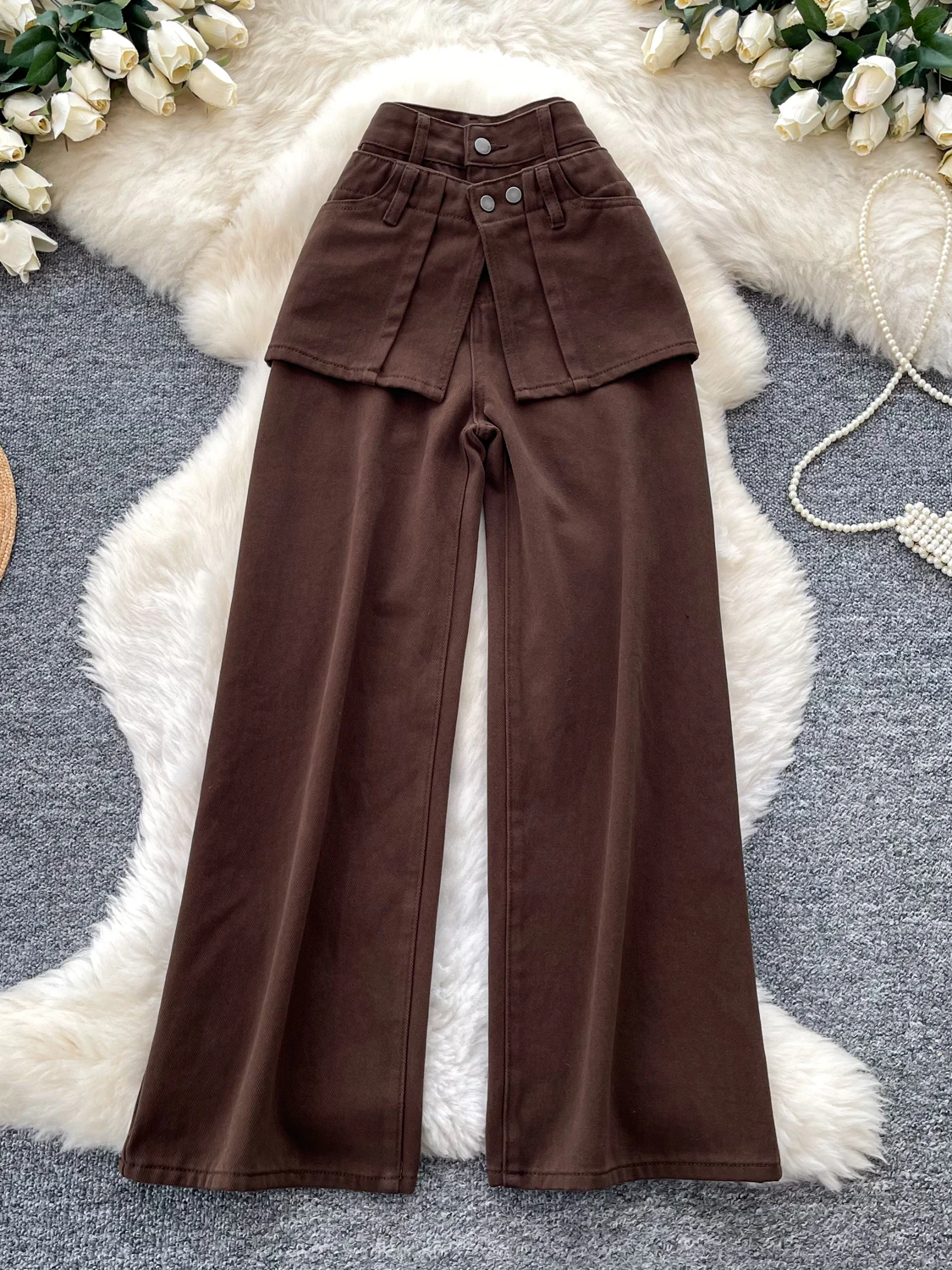 Retro American Wide Leg Denim Jeans High Waist Slimming Casual Long Pants Women's Coffee Color Spring Season Elegant Style